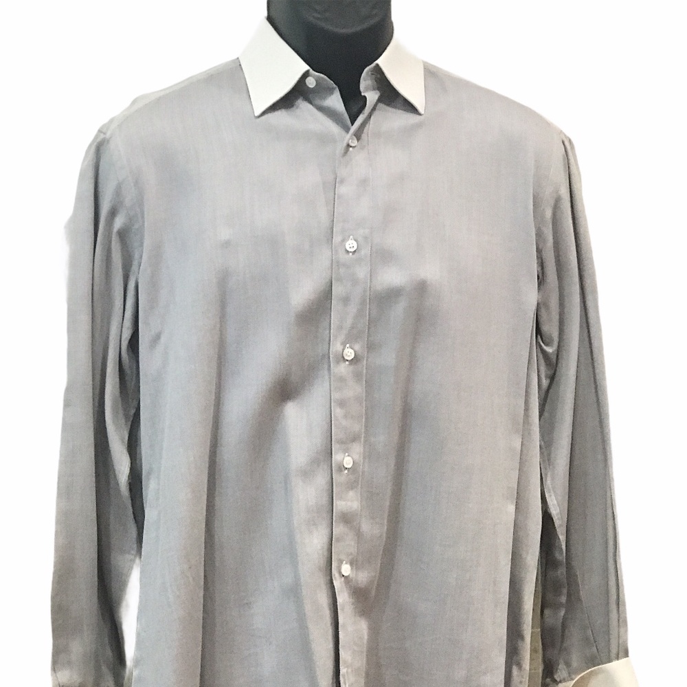 Brioni Men's Dress Shirt - Grey & White.  French Cuffs.  Made in Italy.